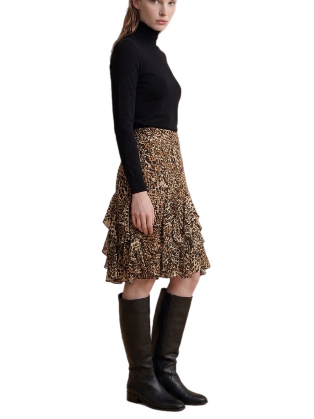 Lauren Ralph Lauren | Black Brown Georgette Skirt Leopard Ruffle Midi - Picture 10 of 14